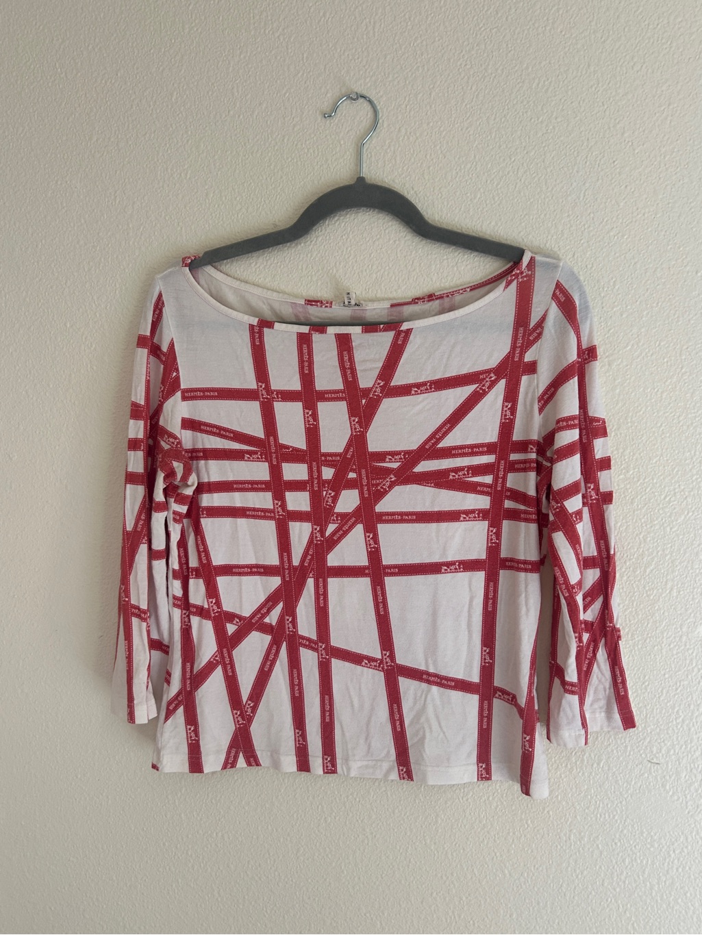 Hermes White And Red Long Sleeve Patterned Top